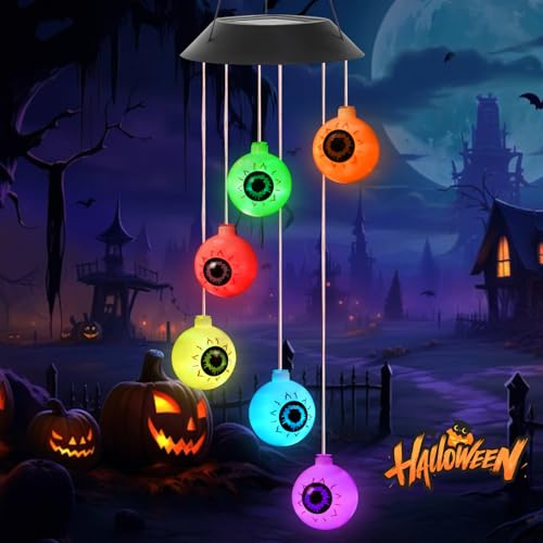 Dremisland Carillons Éoliens Solaires de Jardin Carillon de Vent LED Multicolore Suspendu Lampe Étanche Solaire Lumières Lumière de Globe Oculaire d'halloween pour Jardin Balcon Cour Terrasse