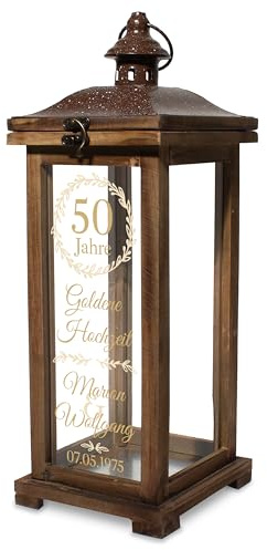 True Statements Goldene Hochzeit Geschenk – Personalisierte Holz-Laterne 42 cm mit Namen & Datum