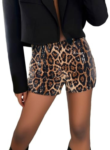 Damen Leopard Pailletten Mini Shorts Tiefer Taille Skinny Shorts Club Rave Bottoms Hotpants Damen Party Tanz Kostüm Disco Outfit Schimmerndes Karneval-Rave-Kostüm für Frauen Mädch (Brown, M)