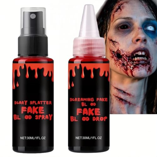 2pcs Hallow/een Fake Bl/ood Kit,Washable Fake Bl/ood & Bl/ood Paint,Hallow/een Special Effects Makeup,Bl/ood Spray & Dripping Bl/ood,Skin-Friendly Formula,Easy to Clean,Safe&Gentle,Wide Application