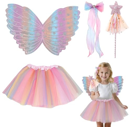 YSAOAKA 4 pz Deguisement Fee, tutù bacchetta magica, fermaglio a fiocco, ali da fata, costume da principessa angelo, abito da festa per bambini, ragazze, carnevale, cosplay, feste