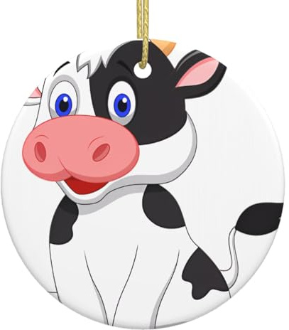 Adorno colgante de cerámica para árbol de Navidad con estampado de vaca lechera, decoración redonda para fiestas de Navidad con cuerda dorada