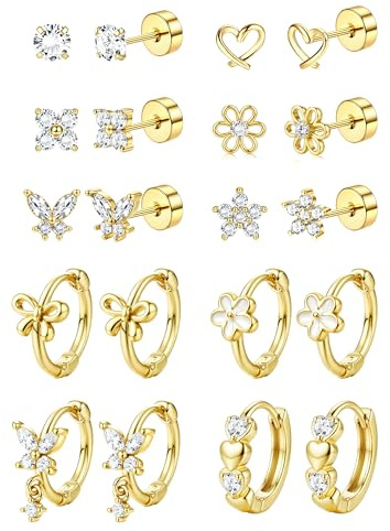 JeweBella 10 par platt baksida örhängen för kvinnor och flickor, allergivänliga, kirurgiskt, rostfritt stål, ringörhängen, 18K guldpläterade, söta, blommigt, hjärtformat, stiftörhänge, huggie