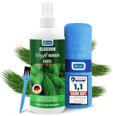 Blum nettoyant AU Parfum pour ecran ÉPICÉA 100 ML + Chiffon Microfibre 30x30 cm – Screen Cleaner – Nettoyage et Nettoyeur TV, Television, Smartphone, Telephone, PC, Laptop, Tablet, Tableau