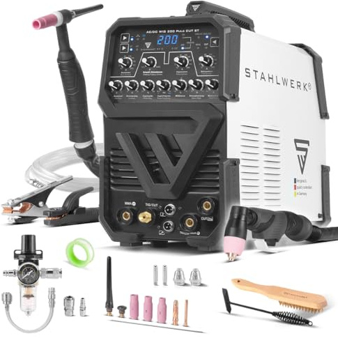 STAHLWERK Schutzgasschweißgerät 3-in-1 AC/DC WIG 200 Puls CUT ST bis 200 A | WIG & MMA, Plasmaschneiden bis 45 A und bis 12 mm Schnittstärke, HF-Zündung, Stahl, Edelstahl, Aluminium und Kupfer