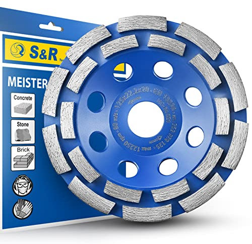 S&R Diamant-Schleiftopf 125 x 22,23 mm für Beton, Granit, Naturstein, Stein, Mauerwerk, trockener Fliesenkleber, Estrich, 2-reihig, verbesserte Segment-Formel, Winkelschleifer Schleifscheibe