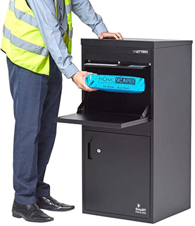 Smart Parcel Box - Cassetta postale per pacchi extra large, con accesso anteriore e posteriore, permette fissaggio a parete o a cancello, per ricezione pacchi e acquisti effettuati online, nero