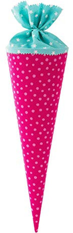 goldbuch 93 554 Geschwistertüte aus Stoff, pinke Schultüte mit rosanen Punkten als Muster, Geschenkverpackung, hellblauer Verschluss (ohne Verschlussband), Zuckertüte rund, Länge 35 cm, Ø 11,5 cm