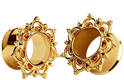 Huacan 2 Stück Flesh Tunnel Hochwertige Chirurgenstahl 316L Golden/Silber Blume Design Ohr Schmuck Mode Exquisiter Double flared Tunnel Expander 6-16mm