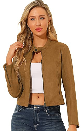 Allegra K Women's Faux Suede Jacket Zip Up Crop Biker Moto Coat Outerwear | Faux Suede, Pockets, Fall Winter Coat, Long Sleeve, Zipper, Western, Drawstring, Crop Moto Biker Jacket
