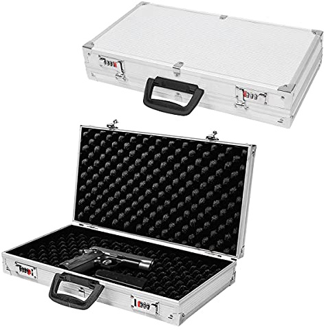RELAX4LIFE Waffenkoffer für Pistole & Kurzwaffen, Gewehrkoffer mit 2 Zahlenschlössern, Pistolenkoffer mit Griff, Jagdkoffer mit Innenfutter aus Schaumstoff, ABS & Aluminium, 47 x 25 x 8,3 cm, Silber