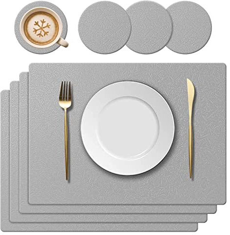 KERYCHIN Silikon-Platzset & Untersetzer mit Blattmuster, Hellgrau, 4er-Set | Hitzebeständig bis 230 °C, rutschfest & waschbar, Deko-Accessoires für Restaurant, Küche & Hotel, 40 x 30 cm