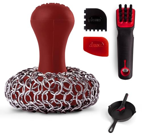 Cuisinel Cast Iron Chain Mail Scrubber + Cleaning Brush + Pan & Grill Scrapers - The Ultimate Skillet and Grill Cleaner Kit - Soft-Touch Confident-Grip Dish Scrub Tool - Silicone/Stainless Accessories