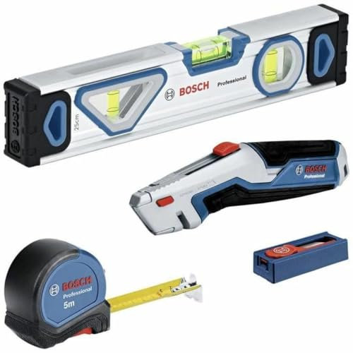 Bosch Professional set d’outils à main 4 pièces (avec niveau à bulle 25 cm, mètre ruban de 5 m, cutter universel avec lame extractible et set de 10 lames de rechange)