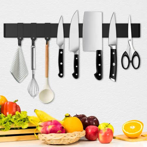 Cocolemon magnetlist kniv 40 cm av rostfritt stål med extra stark magnet, magnetisk knivhållare med 3 avtagbara krokar för knivar, köksredskap, verktyg