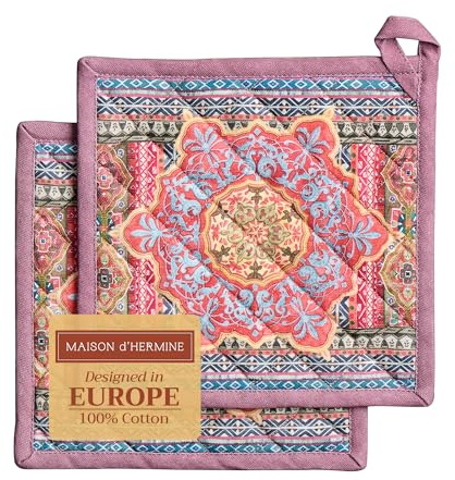 Maison d' Hermine Pot Holders Set 100% Cotton Heat Resistant Potholders 20 cm x 20 cm Hot Pads with Loop for Christmas Decorations BBQ Cooking Baking Handling Hot Pans (Pack of 2, Ispahan)