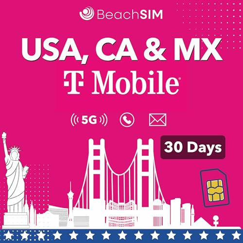BeachSIM T-Mobile USA SIM Données illimitées 5 Go Canada/Mexique & Appels & SMS (États-Unis & Canada & Mexique - 30 Jours)
