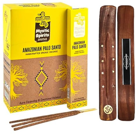 Aromasenses.- Incienso Palo Santo Amazonico Natural Hecho a Mano Mystic Spirits - Caja Completa con 12 Cajetillas de 8 Varillas Cada una + 1 Tablilla Aromasenses