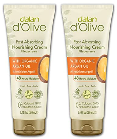 Dalan d'Olive Arganöl Creme 2er Set – Natürliche Pflege mit Olivenöl, Vegan und Feuchtigkeitspflege für Hand, Gesicht und Körper, 0% Farbstoffe, Silikon, GMO, 250 ml