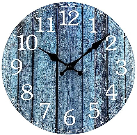 Plumeet 30cm Holz Wanduhr Rahmenlose Wanduhr mit Geräuschlosem Quarzwerk Moderner Rustikale Küsten Country Village Uhr Dekoration Wohnzimmer Schlafzimmer Küche, Blau