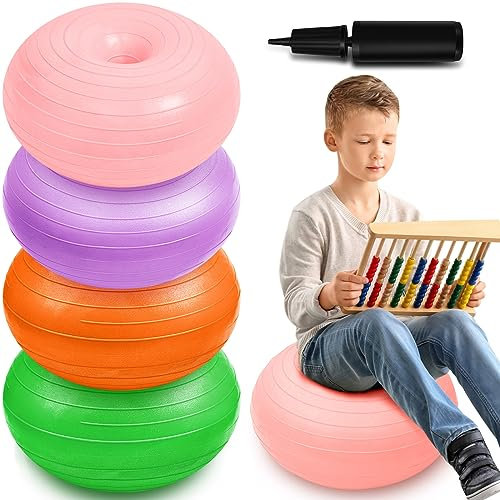 4 asientos flexibles para aula, sillas de pelota de yoga para niños, pelota de yoga inflable, silla de oficina, entrenador de equilibrio de estabilidad con inflador negro para sillas de escritorio de