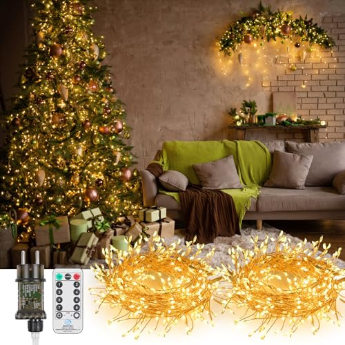 GuKKK 2PCS LED Lichterkette aus Kupferdraht, 5M 300 LED Lichterkette Außen, Lichterkette Weihnachtsbaum Warmweiß mit Fernbedienung, Wasserdicht IP65, für Weihnachtsdeko Innen Außen Weihnachten Party