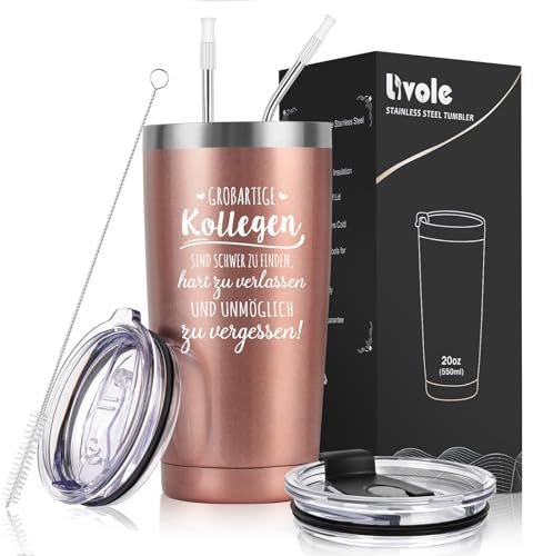 Livole Abschiedsgeschenk Kollegen, Kollegin, Kleine Geschenke Kollegen Weihnachten, Tasse mit Spruch - Großartige Kollegen Sind Schwer zu Finden - 600ml Doppelwandig Thermobecher to go, Weinbecher