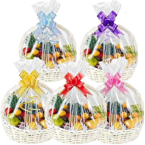 20 x große, transparente Zellophanbeutel für Weihnachten, Obstbeutel, 101,6 x 78,7 cm, Geschenkbeutel mit 20 Schleifen, für Halloween, Ostern, Obstkörbe und Geschenkverpackungen