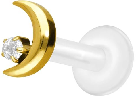 PIERCINGLINE PTFE Labret mit Gewinde + Titan-Aufsatz MOND + KRISTALL Piercing Lippe Nase Ohr Helix Tragus Medusa 1,2x6 mm Goldfarben