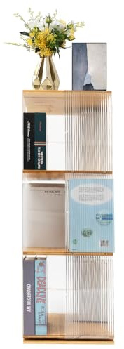 SuhoFutus Bücherregal, DREI Schichten Bücherregal aus Holz, Durchsichtiges Bücherregal Regal mit Türen, Clear Acryl Würfelregal, Wohnzimmerschrank, für Wohnzimmer, Büro, Schlafzimmer, 34 * 34 * 93cm