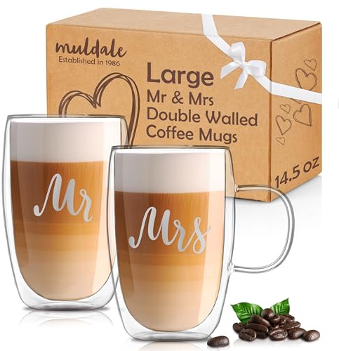 Muldale Mr and Mrs Mugs - Coffee Cup Set - Insulated Borosilicate Glass - 430ml His and Hers Large Latte Glasses - Wedding Gifts for Married Couples