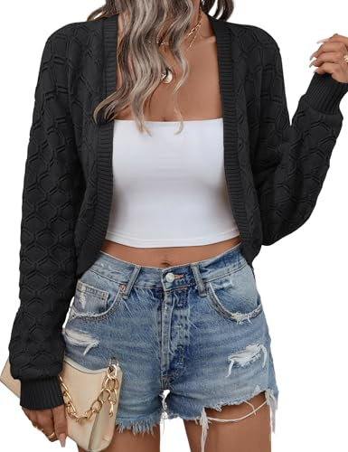 LOMON Cardigan Sweaters for Women Bolero Shrug Long Sleeve Open Front Knit Crop Jacket(Black,Small)