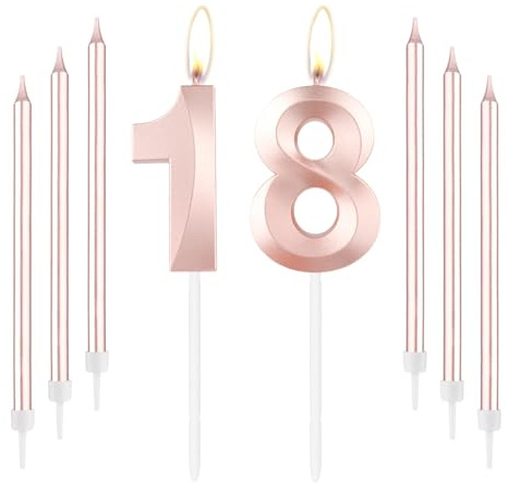 mciskin Roséguld 18 födelsedagsljus nummer 18 ljus för tårta med långa tunna ljus set, roséguld tårtdekoration för flicka 18:e födelsedag dekorationer tillbehör, 18:e bröllopsdagsdekorationer