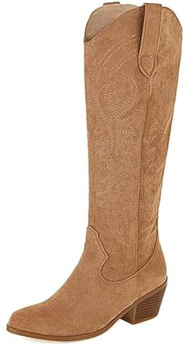 WEHAM Bottes occidentales brodées pour Femmes, Bottes de Cowboy à Talons épais et à Mollet Large, Bottes mi-Mollet rétro Pointues Rouges et Noires à la Mode,Marron,37