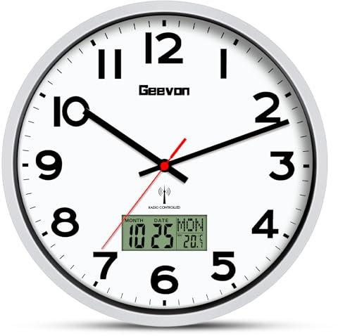 Geevon Horloge murale DCF sans bruit de tic-tac - 30,5 cm avec affichage de la température et du jour de la semaine - Radio-pilotée - Silencieuse