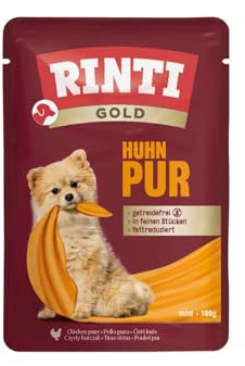RINTI - Gold | Leicht verdauliches Nassfutter für kleine, ausgewachsene Hunde. Alleinfutter im Frischebeutel ohne Formfleisch, Soja oder künstliche Zusätze | 10x100g Huhn Pur