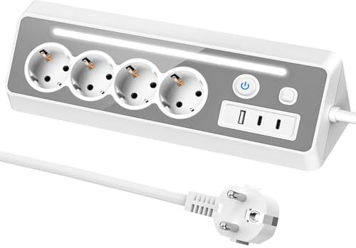 Nizirioo Ciabatta elettrica da scrivania, 4 prese, con luce LED, protezione da sovratensione con USB e 2 Type-C, 16 A, 3680 W, con 2 interruttori, per cucina, ufficio, casa