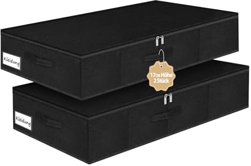 JUPELI Unterbett-Aufbewahrungsboxen mit Deckel, 17cm Hoch, 2 Stück, Schwarz | Stabile Seitenwände und Boden, faltbar, für Decken, Kleidung, Spielzeug und Schuhe