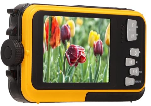 LVIFLOAE Unterwasserkamera, Full HD 2,7K 48 MP 10 Fuß wasserfeste Unterwasser -Digitalkamera 16x digitales Zoom vorne mit doppelten Bildschirmen Wasserresistent Digitalkamera (Gelb)