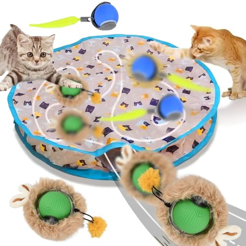 2 Palle Giocattolo Elettriche per Gatti con Tappetino Caccia, Palla Giocattolo Interattive Automatico Gatto, Palline Giocattolo Elettrici per Gattini, Pallina Interattiva Intelligente Gatti e Cani (A)