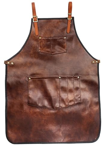 Delantal de cuero con bolsillos y correas cruzadas, impermeable, ajustable, resistente al calor y a las manchas, para cocina, barbacoa, barbería, chef, delantal para hombre.