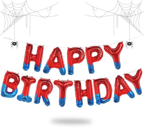Koboko Spider Happy Birthday Deko Luftballons Geburtstag, Spider Happy Birthday Girlande, Spinnen Happy Birthday Ballon Deko Geburtstag Junge Mädchen, Spidey Geburtstagsdeko Junge Superhero Party Deko