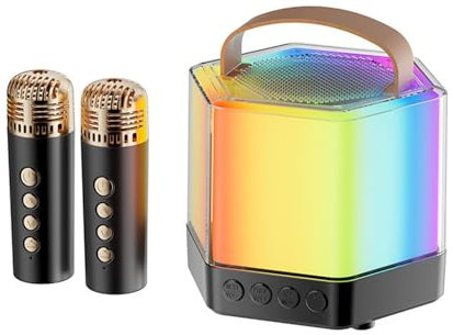 Máquina de karaoke con 2 micrófonos, iluminación RGB, portátil, micrófono inalámbrico y altavoz para camping, bodas, fiestas, cumpleaños