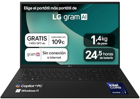 LG gram 17Z90TL-G.AU88B Ordenador Portátil 17 Pulgadas Intel Core Ultra7 258V, 32 GB RAM, 1TB SSD, Panel IPS Antirreflejo, WQXGA, 1.460 g, 24.5 Horas, Windows 11 Home, Negro, Teclado QWERTY Español