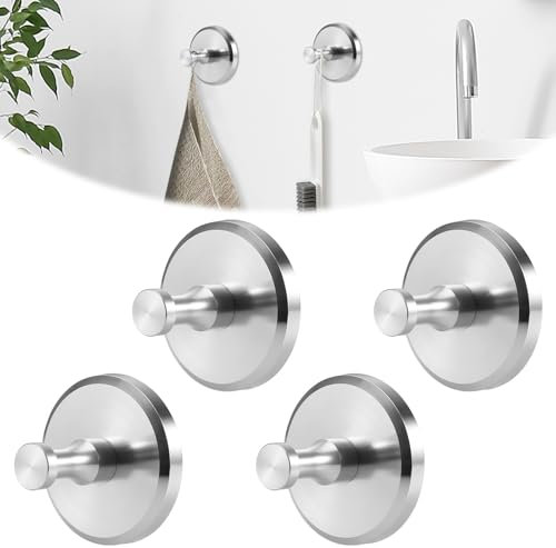 Starvortex 4 Pièces Crochet Ventouse, Acier Inoxydable 304, Porte Manteau Ventouse Réutilisables, Accroche Serviettes sans Percage, Salle de Bain Accessoire (Argenté)