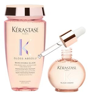 KÉRASTASE Gloss Absolu - Routine Brillance - Cheveux Ternes - Frisottis - Acide Hyaluronique, Acide Glycolique & Rose Sauvage - Cheveux Longs & Sujets aux Frisottis - Bain 250 ml + Huile 45 ml
