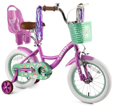 RULLY 12-16 Inch Girls Bike with Doll Seat Basket and Training Wheels for 2-6 Years Children