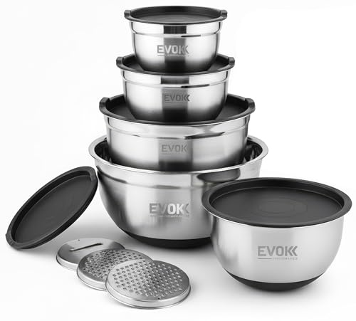 EVOKK Mixing Bowl Set 5 Stainless Steel Mixing Bowls with Lids & 3 Graters –, Mirror Polished, Durable and Lightweight, Nesting Metal Mixing Bowls for Baking, Cooking & Food Prep, Dishwasher Safe