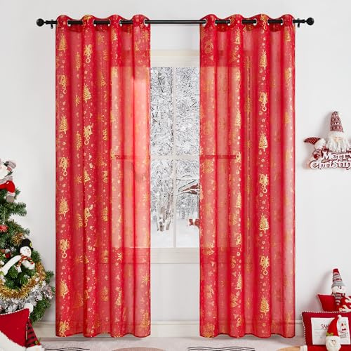 KGORGE Rote Weihnachtsgardinen mit Ösen 225cm Lang Wohnzimmer Gardinen Weihnachtsbaum 2er Set Weihnachten Gardine Weihnachts Vorhänge Durchsichtig Weihnachtsdeko Vorhang, H 225 x B 140 cm
