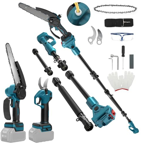Scie à chaîne miniature de 8 pouces avec perche télescopique & élagueuse électrique 28 mm, set de jardin 4-en-1 compatible avec batterie Makita, portée maximale jusqu'à 4m (batterie non incluse)